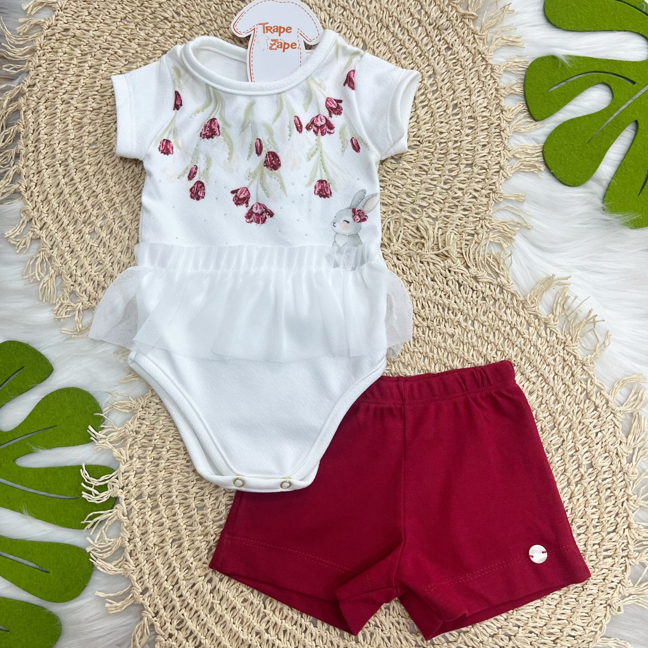 Verão 2027 Conj. Body Floral Coelhinho e Short Vermelho